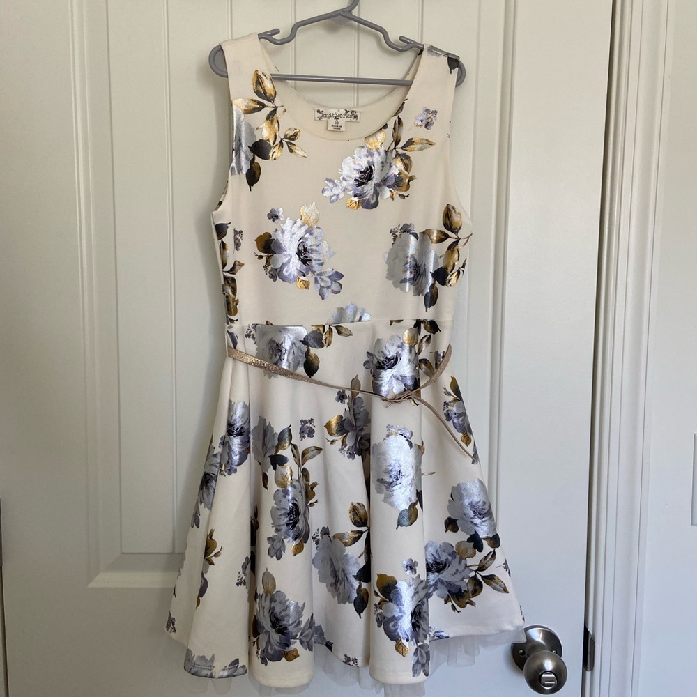 Knitworks girl’s cream metallic floral tulle layer skirt belted dress size 10